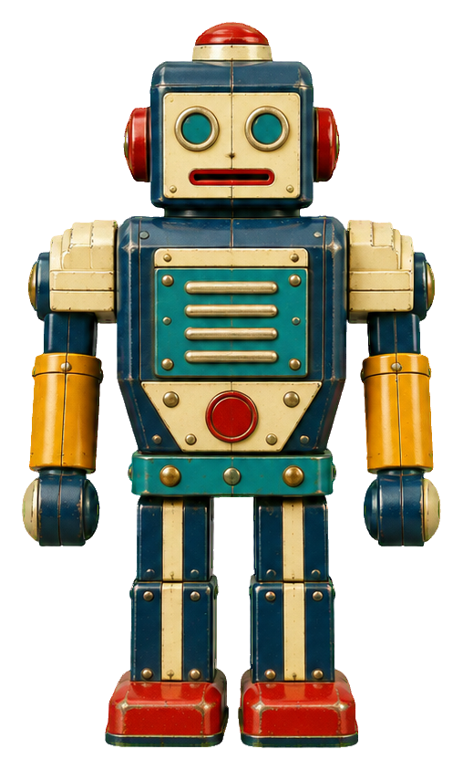 Vintage tin toy robot with stepped shoulders, blue body, and red feet.