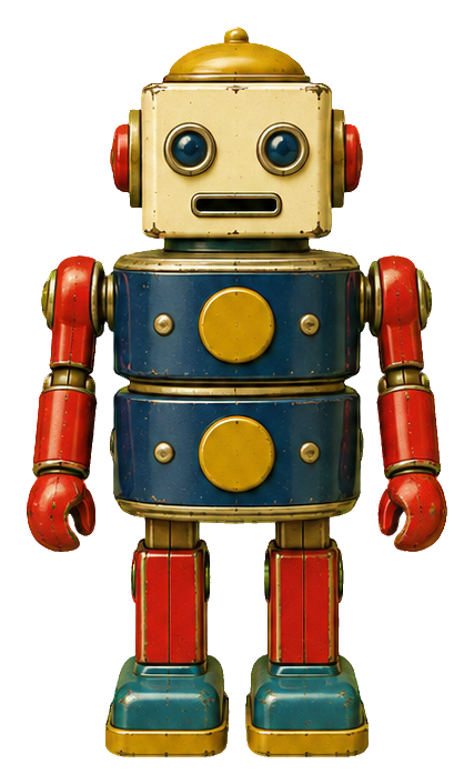 Vintage tin toy robot with blue body, red arms and legs, and yellow accents.