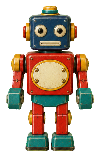 Vintage tin toy robot with an oval chest, red body, blue head, and teal feet