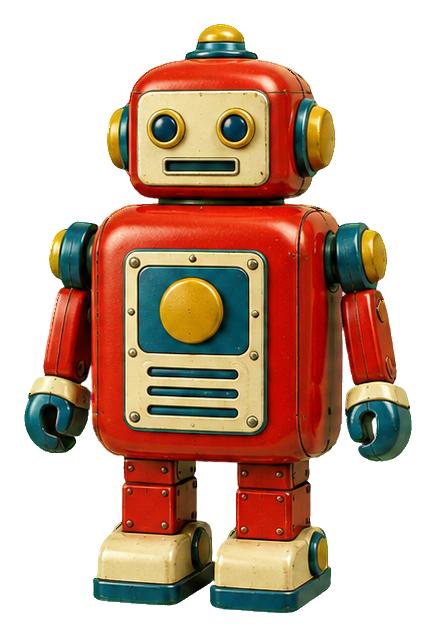 Vintage red tin toy robot with mailbox-style body, round eyes, and blue-and-gold details
