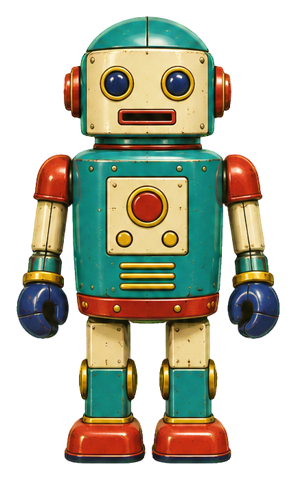 Vintage tin toy robot with a capsule body, teal arms and legs, and red accents.