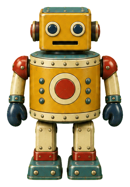 Vintage tin toy robot with a barrel body, round eyes, and painted metal arms and legs