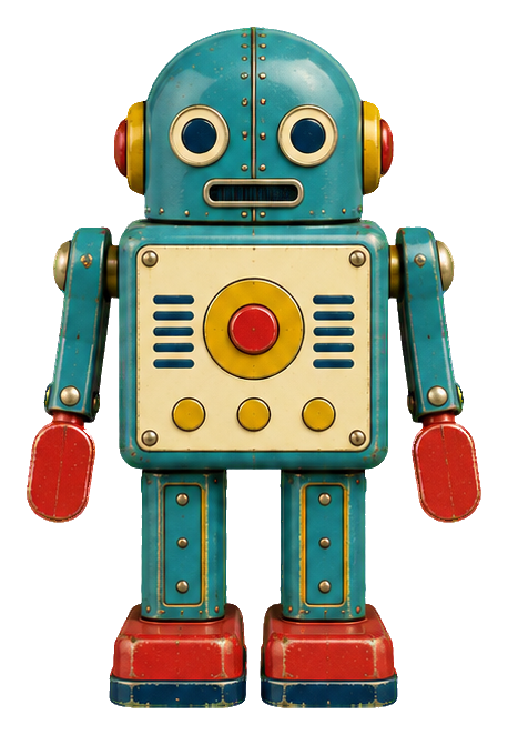 Blue tin toy robot with an arched head, red hands, and red feet.
