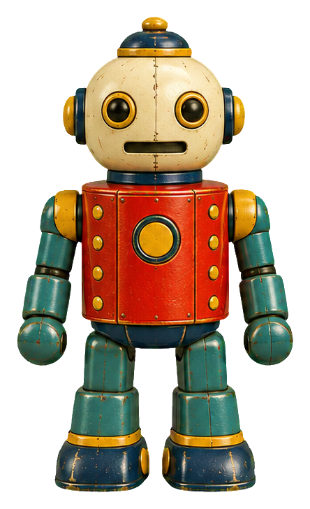 Round-headed tin toy robot with red chest, teal limbs, and yellow accents