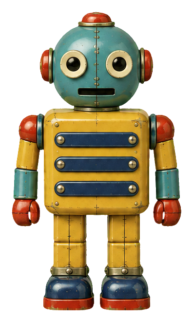 Vintage tin toy robot with ribbed torso, round eyes, and colorful arms and legs.