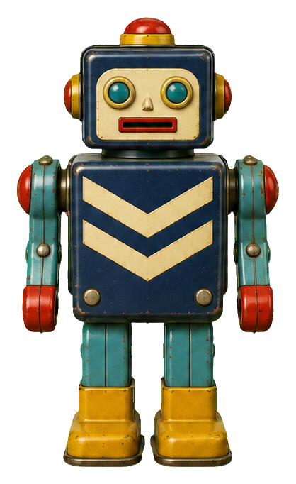 Vintage tin toy robot with a chevron body, blue arms and legs, and yellow boots.