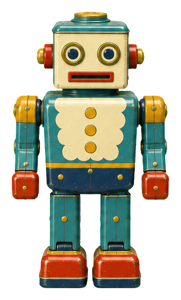 Vintage tin toy robot with scalloped chest, blue body, red feet, and square head.