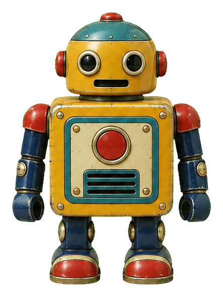 Boxy vintage tin toy robot with red, blue, and yellow details.