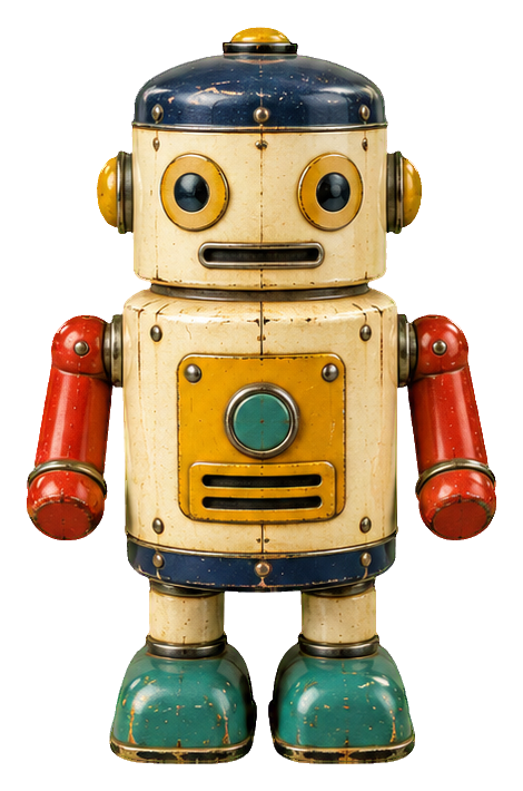 Vintage tin toy robot with tall cylinder body, red arms, and blue boots