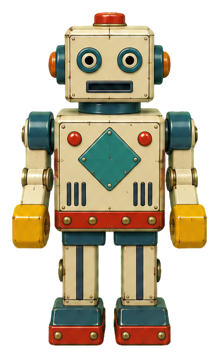 Vintage tin toy robot with a diamond panel on its chest, shown front view.