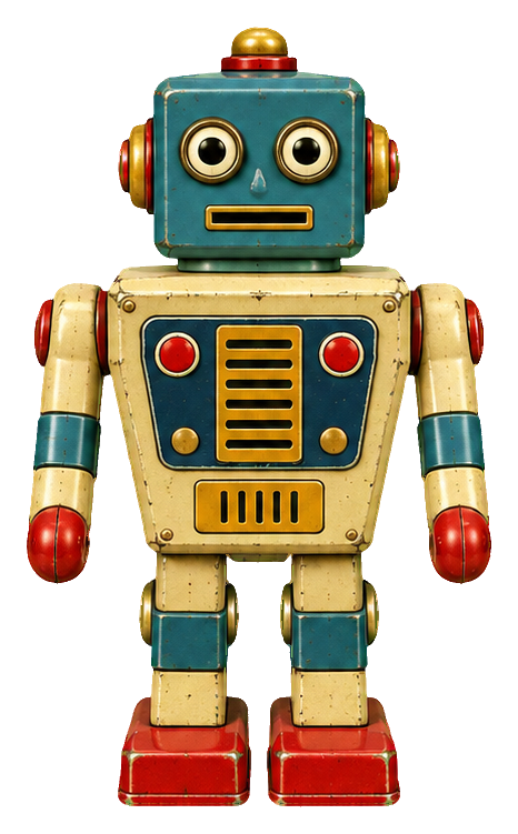 Retro tin toy robot with a trapezoid torso, rounded eyes, and red feet.