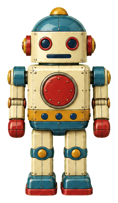 Vintage tin toy robot with a round belly, blue and red details, standing front view.