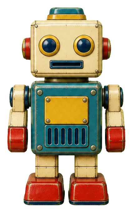 Vintage tin toy robot with a square chest, blue body, and red feet.