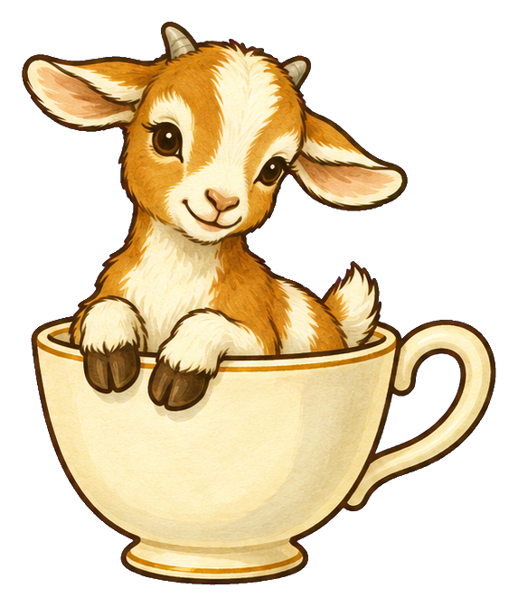 Cute baby goat sitting in a teacup with a playful picture book style