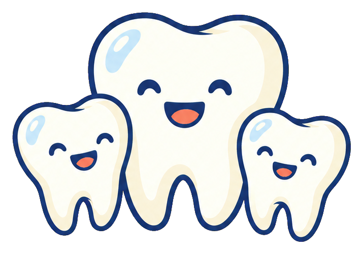 Three smiling cartoon teeth with blue outlines and happy faces