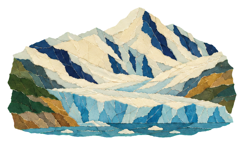 Torn paper style glacier landscape with icy blue mountains and layered paper edges