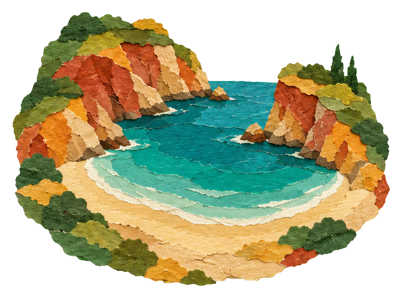 Torn paper style island cove with turquoise water, sandy shore, and rocky cliffs