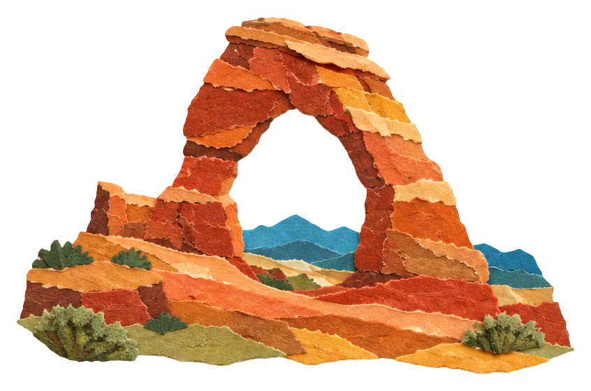 Torn paper style landscape sticker showing a rock arch over layered desert hills.