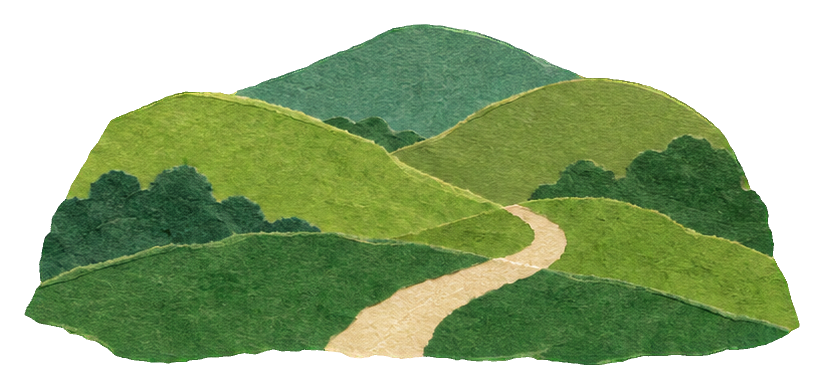 Green rolling hills with a torn paper collage edge and winding path