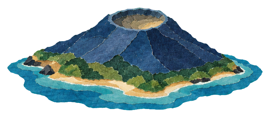 Torn paper style sticker of a volcanic island with blue water and green shoreline