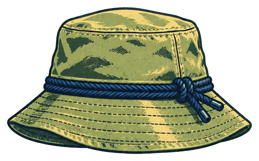 Green camouflage bucket hat with stitched brim and chin cord