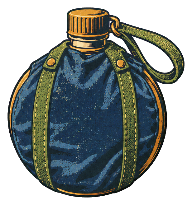 Blue hiking canteen flask with a shoulder strap and orange cap