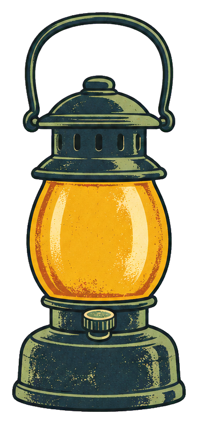 Vintage camping lantern with a glowing yellow light and dark metal frame.
