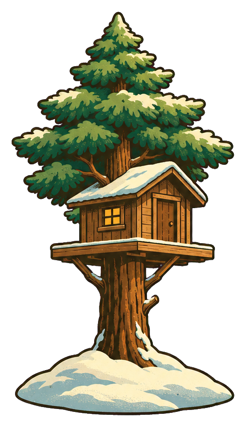Illustrated treehouse cabin built around a large pine tree with snow at the base.