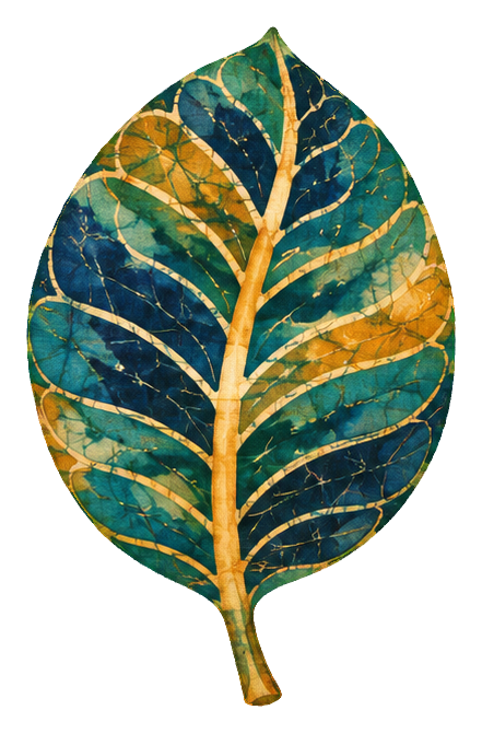 Watercolor-style tropical leaf with batik-inspired pattern in teal and gold tones
