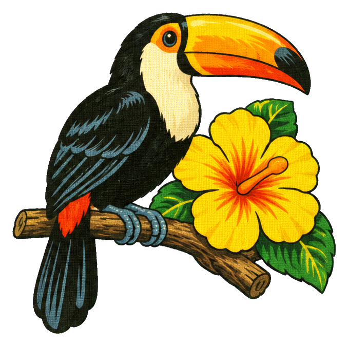 Colorful toucan perched on a branch beside a yellow tropical flower.
