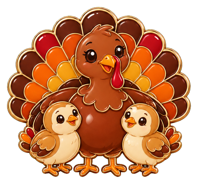 Cute turkey family sticker with one large turkey and two smaller chicks
