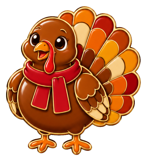 Cute brown turkey wearing a red knit scarf with autumn tail feathers