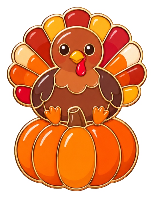 Cute turkey sitting on an orange pumpkin with bright autumn feathers