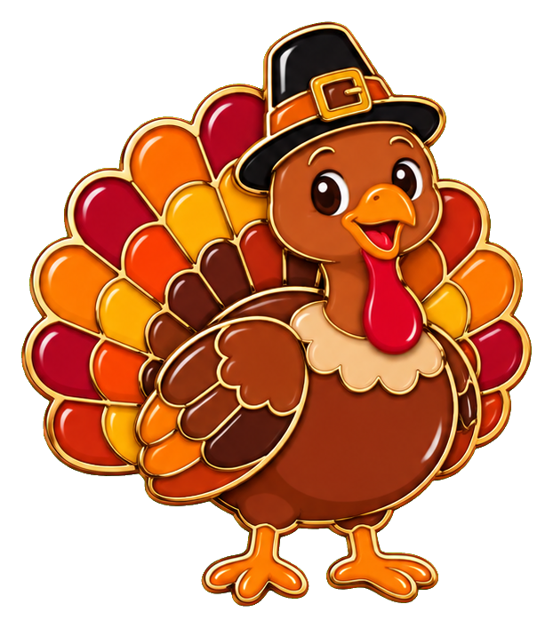 Cartoon turkey with a brown buckle hat and colorful tail feathers