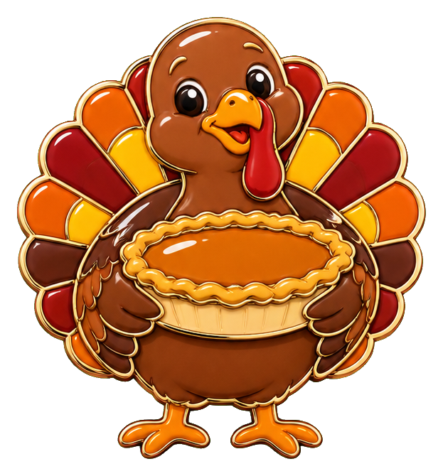 Cartoon turkey holding a pumpkin pie with tail feathers fanned behind it