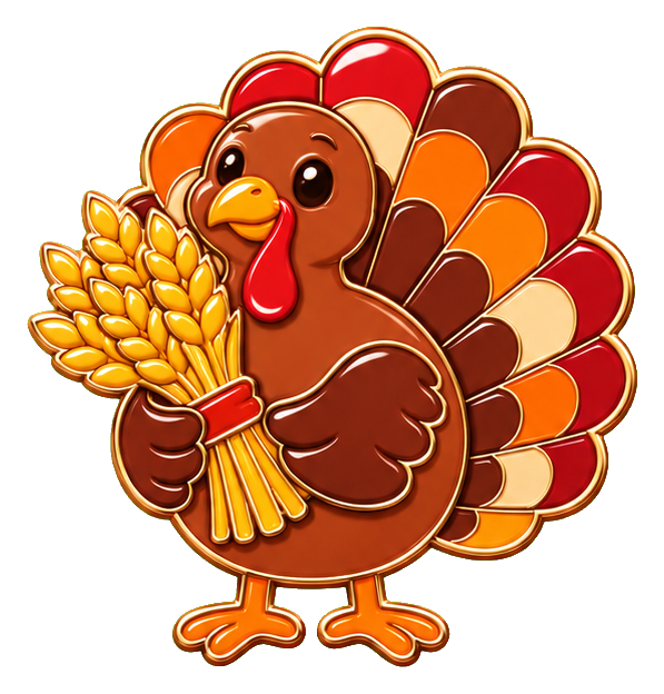 Cartoon turkey holding a wheat sheaf with autumn-colored tail feathers