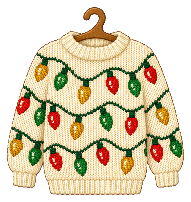 Ugly Christmas sweater on a wooden hanger with colorful holiday lights and knit pattern.