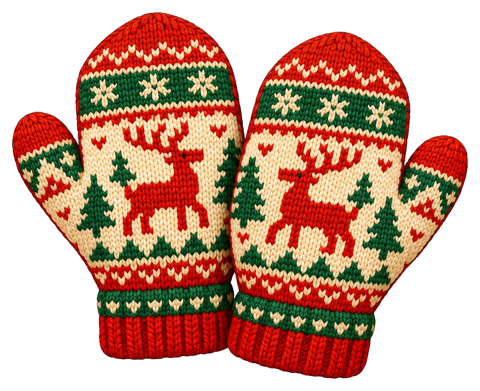 Pair of red and green knit mittens with reindeer and snowflake patterns