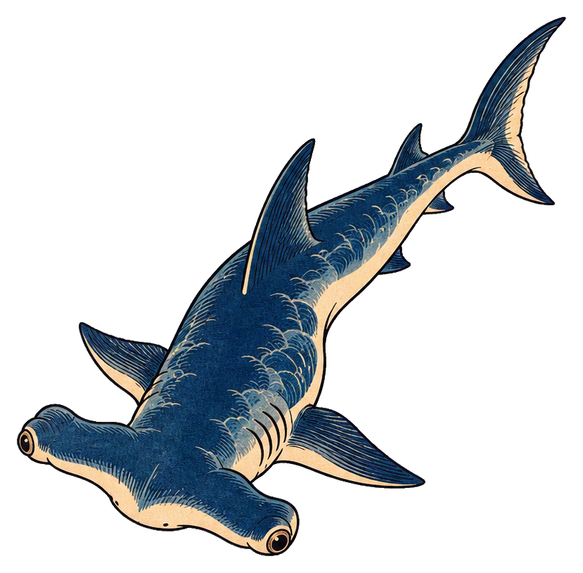 Blue hammerhead shark illustrated in ukiyo-e style swimming over dark water.