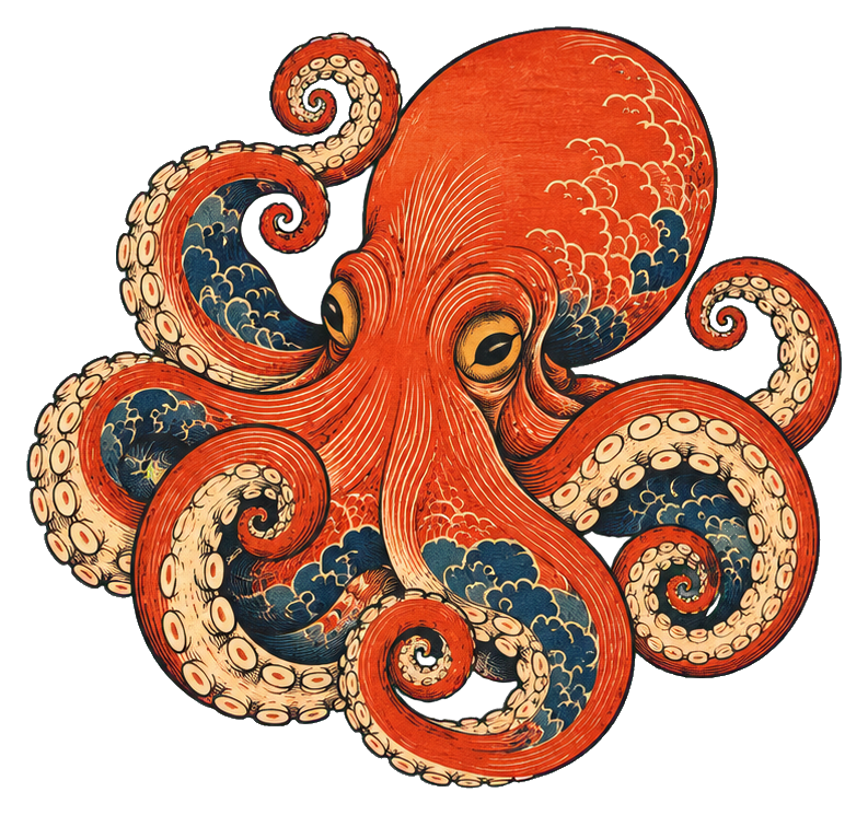 An orange octopus in ukiyo-e style with curling tentacles and ocean waves