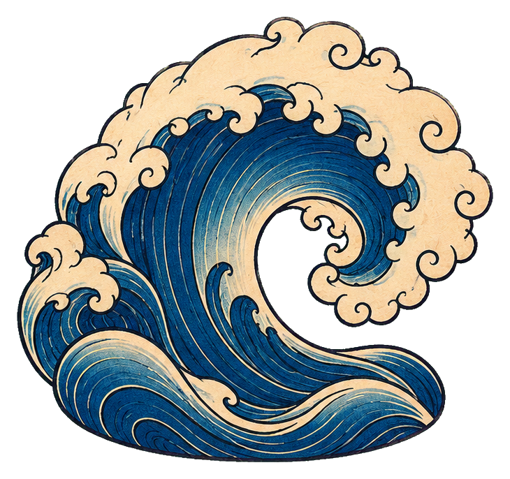 Stylized blue and cream ukiyo-e ocean wave with curling foam