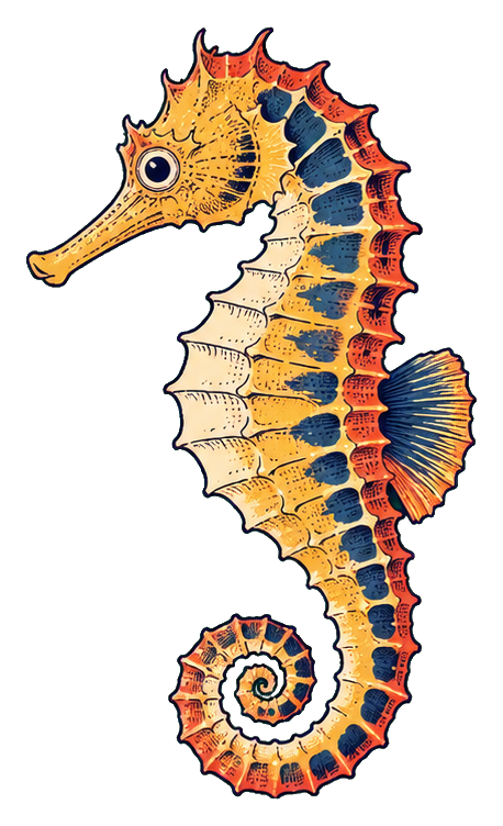 Vintage ukiyo-e style seahorse with curled tail and patterned body