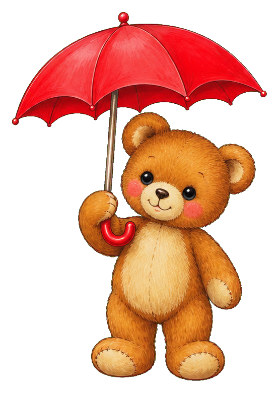 Cute teddy bear holding a red umbrella on a transparent background.
