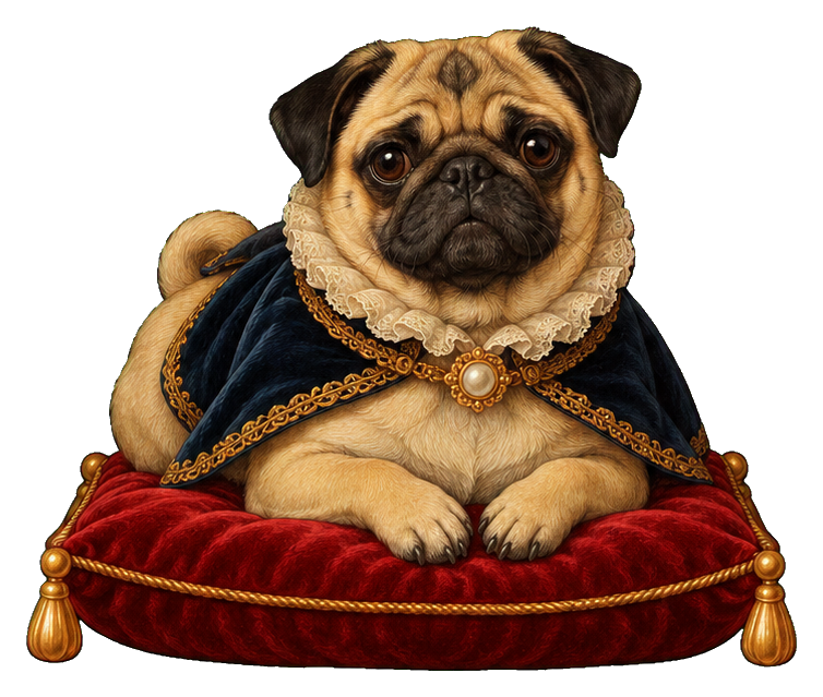 A pug wearing royal clothing sitting on a red velvet cushion