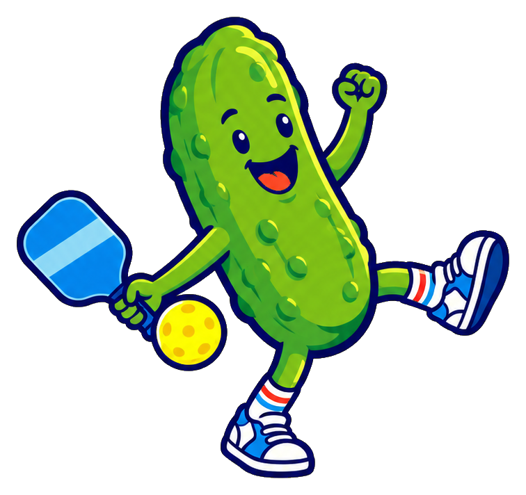 Cartoon pickle dancing with a paddle and ball in a victory pose