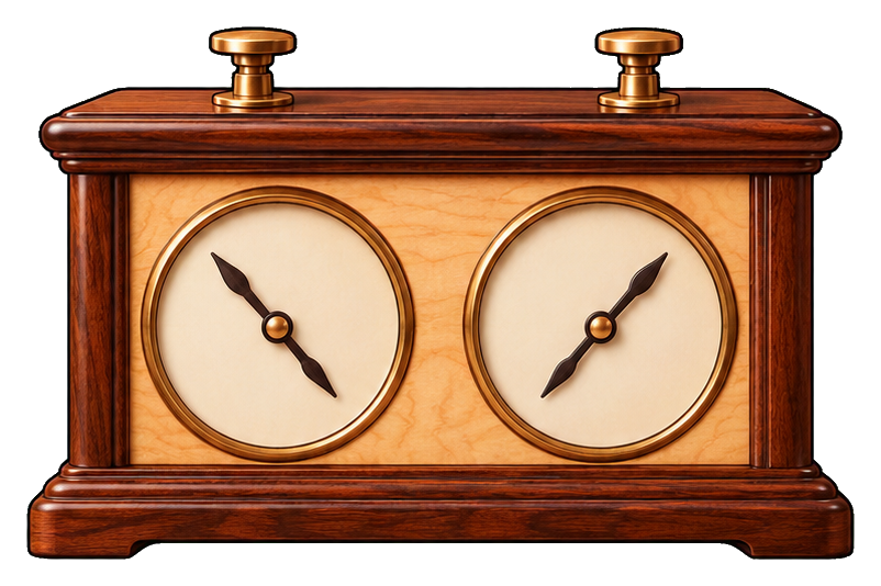 Vintage wooden chess clock with two round clock faces.