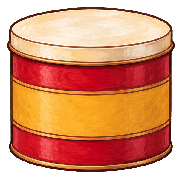 Vintage illustrated cocoa tin with warm red and gold bands and a lid