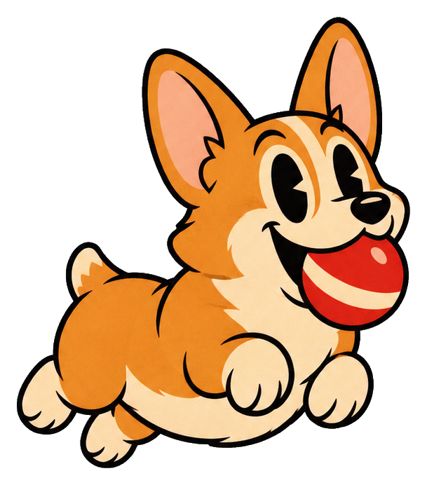 Vintage cartoon corgi carrying a red ball in its mouth
