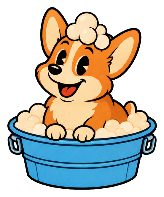 Retro cartoon corgi sitting in a blue bath with bubbles.