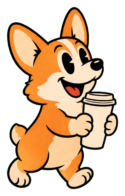 Vintage cartoon corgi walking while holding a takeaway coffee cup